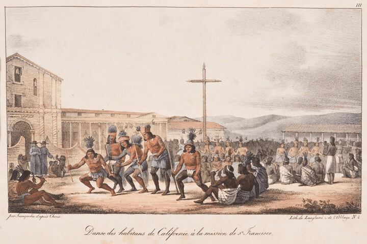 Ludwig Choris watercolor of Ohlone Indians Dancing at Mission San Francisco de Asís (Dolores)