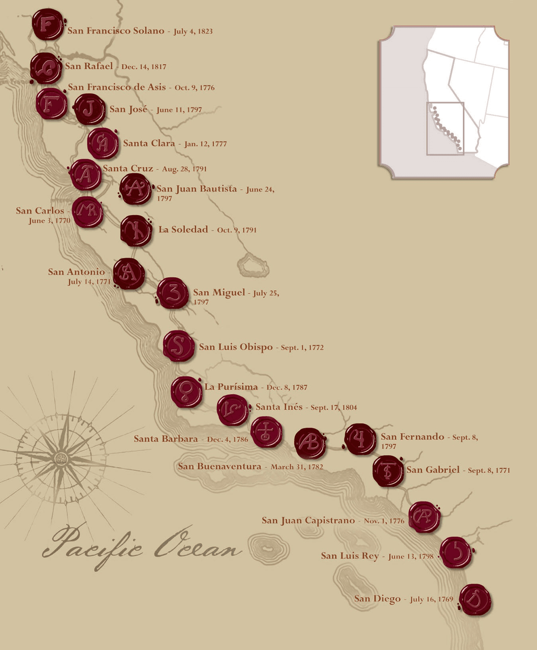 Map of California missions showing the chain of Franciscan missions along the coast. Source: https://californiamissionsfoundation.org/the-california-missions