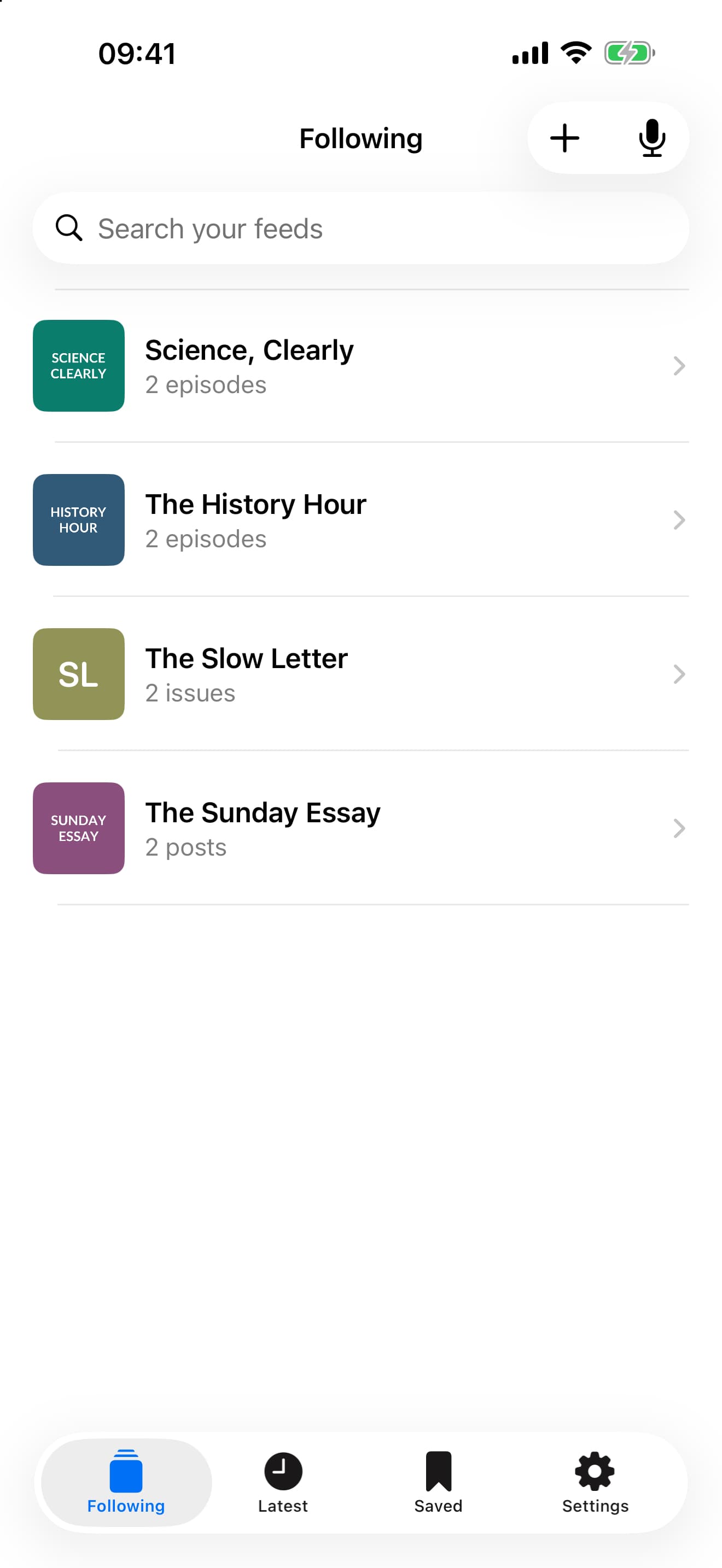 The Following screen in Magpie, listing subscribed podcasts, blogs, and newsletters