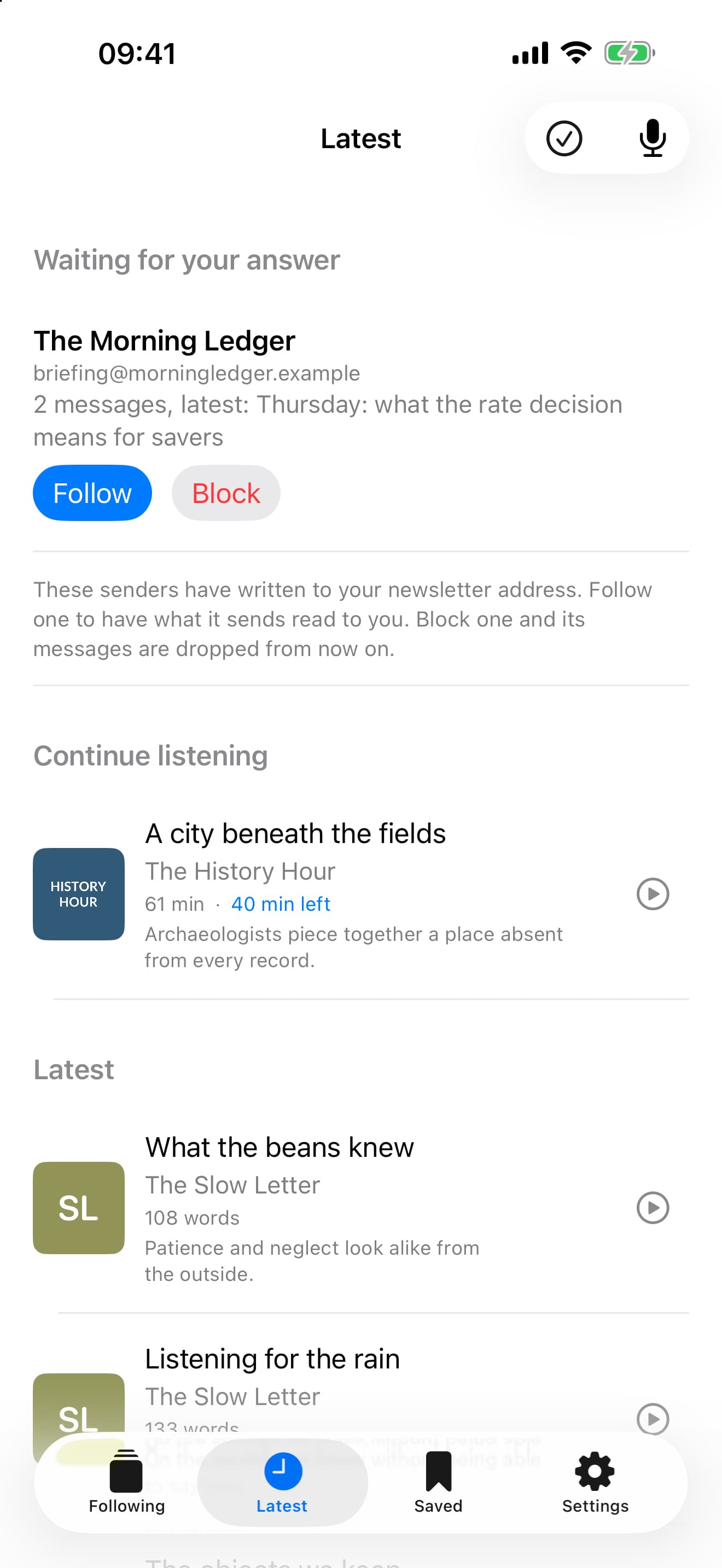 The Latest screen in Magpie, showing a combined feed of new podcast episodes and articles
